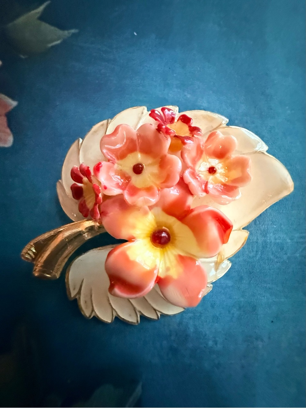 Beautiful Floral Enamel Brooch in Coral and Cream